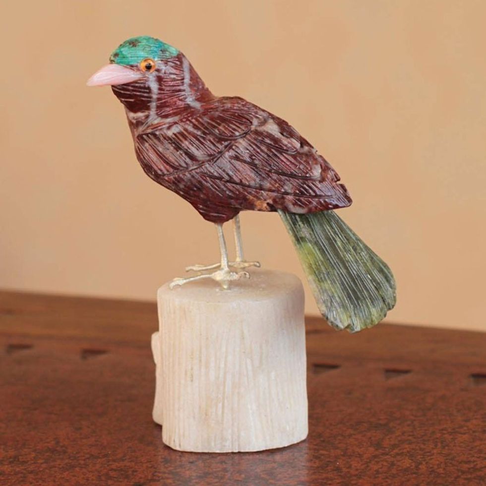 Hand Carved Multigemstone Sculpture 'Red Bird'