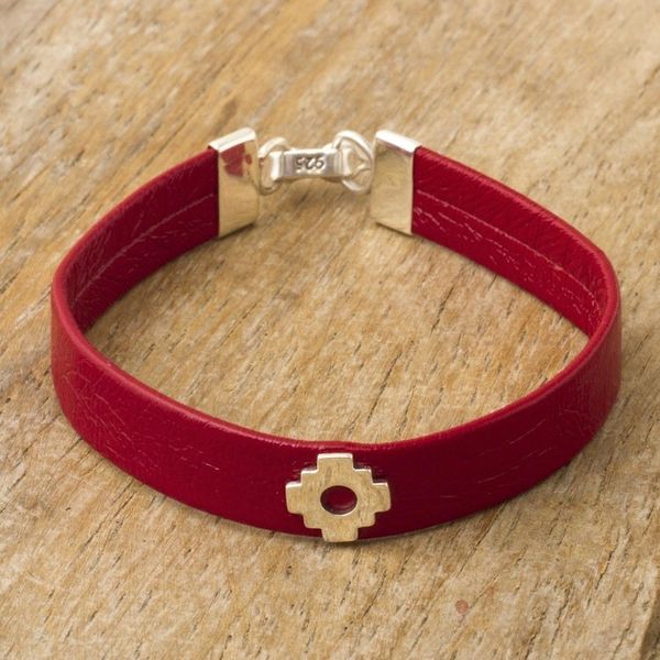 Alternate image for Red Faux Leather Unity Bracelet with Sterling Silver Red Chacana Unity