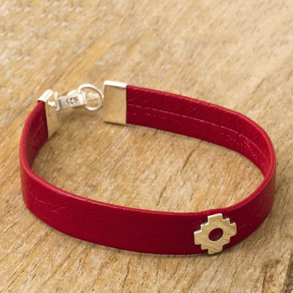 Alternate image for Red Faux Leather Unity Bracelet with Sterling Silver Red Chacana Unity