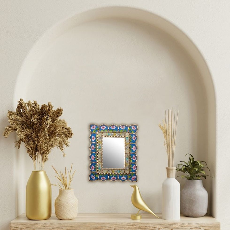 Floral Motif Reverse-Painted Glass Wall Mirror 'Beautiful Arrangement'