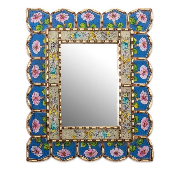 Alternate image for Floral Motif Reverse-Painted Glass Wall Mirror Beautiful Arrangement