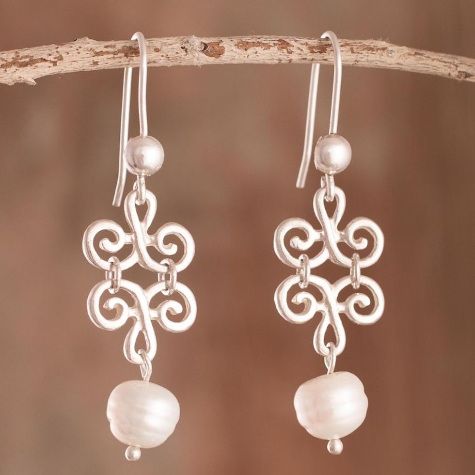 Petal Motif Cultured Pearl Dangle Earrings from Peru 'Chic Beauty'