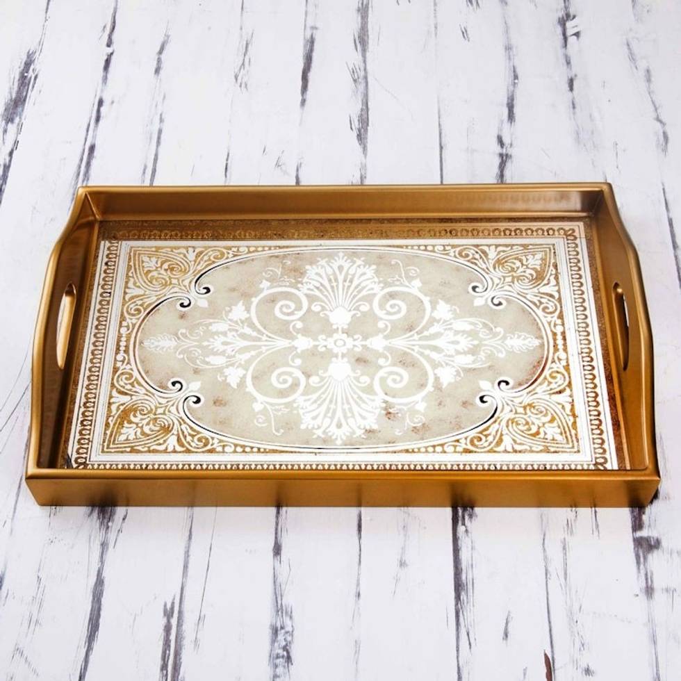 Reverse Painted Glass Tray in Gold from Peru 'Floral Marvel in Gold'