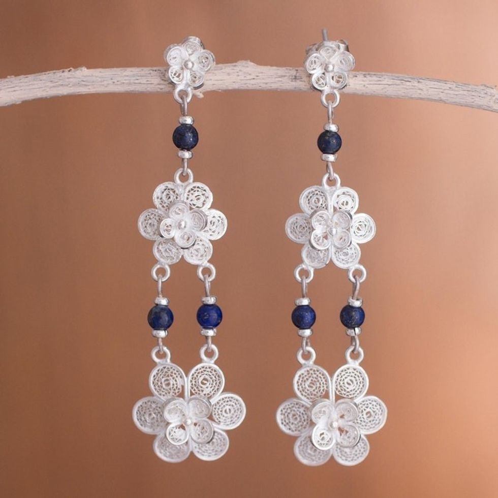 Fair Trade Floral Silver Dangle Lapis Lazuli Earrings 'Garlands'