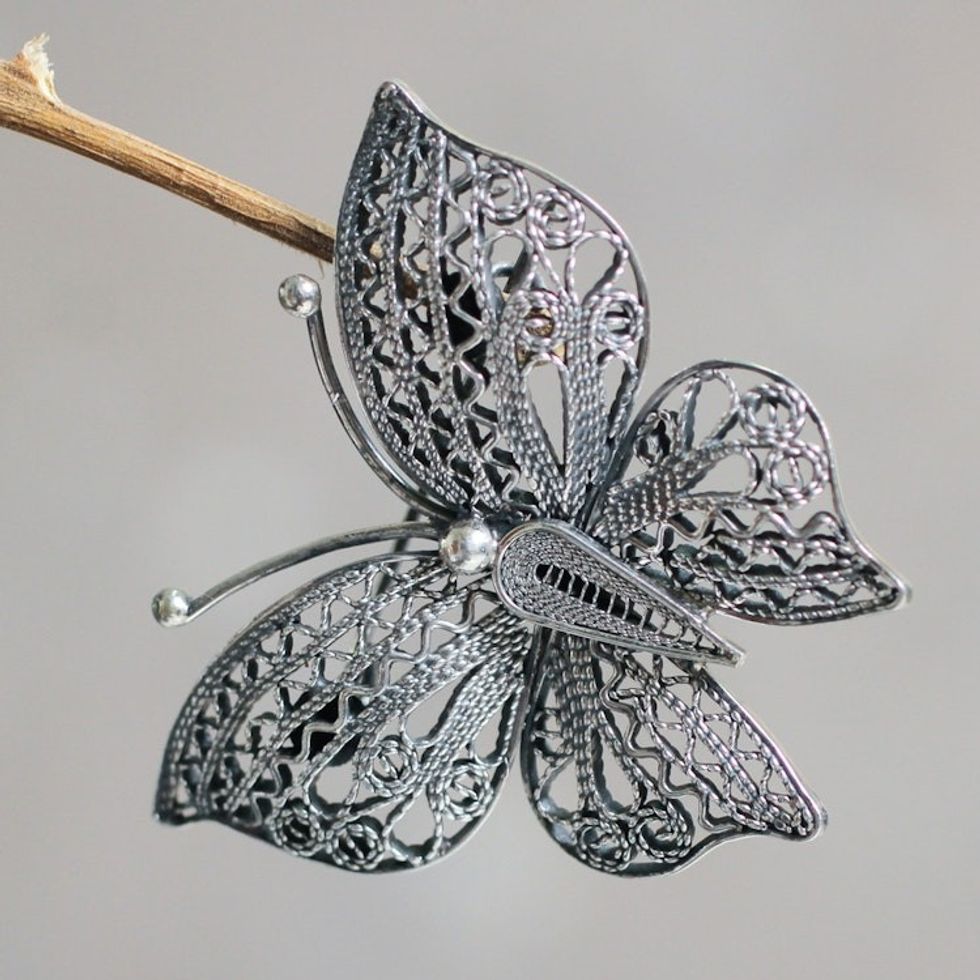 Filigree Butterfly Brooch Pin in Aged Sterling Silver 'Aged Catacaos Butterfly'