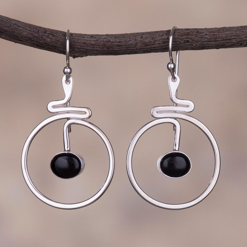 Round Black Obsidian Dangle Earrings from Peru 'Swirling Moons'