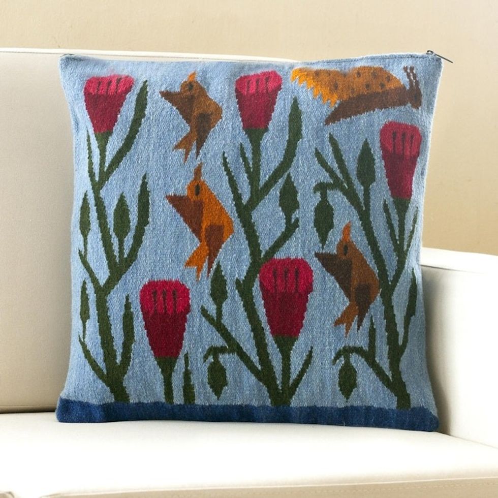 Blue Floral Wool Cushion Cover from Peru 'Birds and Flowers in Sky Blue'