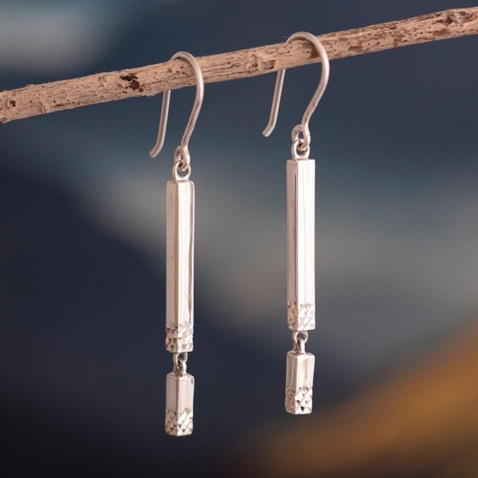 Sterling Silver Dangle Earrings in Two Parts and Hook 'Broken Bar'