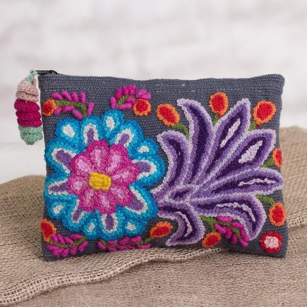 Alternate image for Embroidered Floral Alpaca Clutch in Slate from Peru Midnight Delight