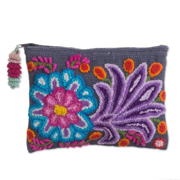 Alternate image for Embroidered Floral Alpaca Clutch in Slate from Peru Midnight Delight