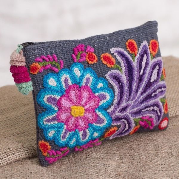 Alternate image for Embroidered Floral Alpaca Clutch in Slate from Peru Midnight Delight