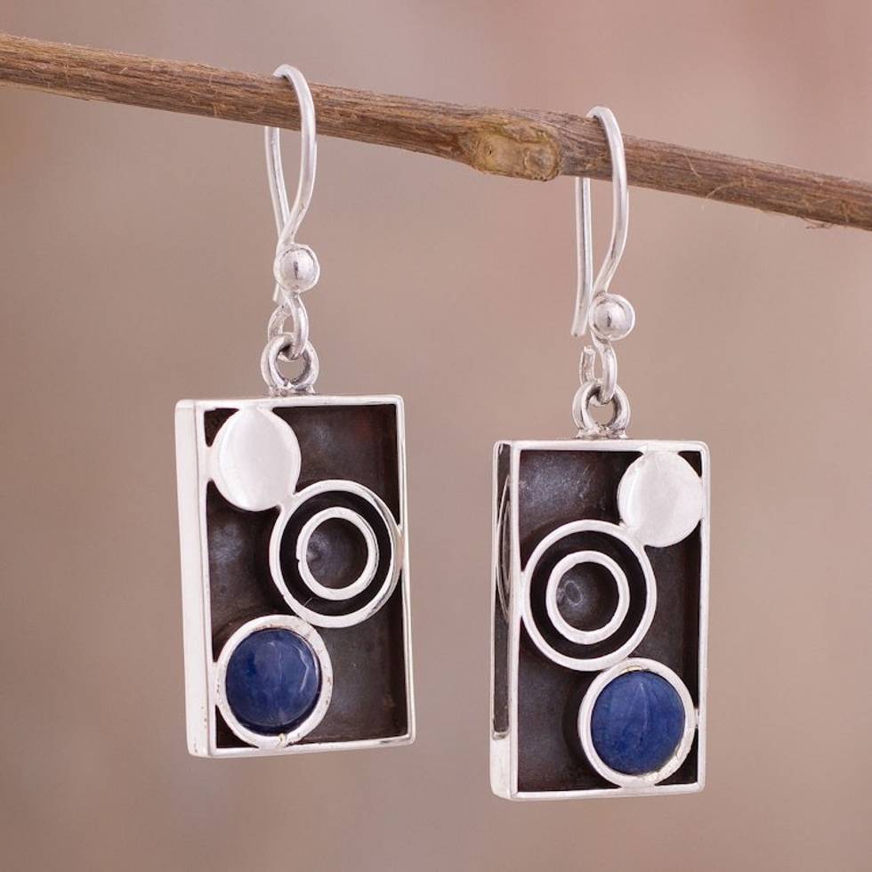 Modern Circle Motif Sodalite Dangle Earrings from Peru 'Blue Moon Phase'