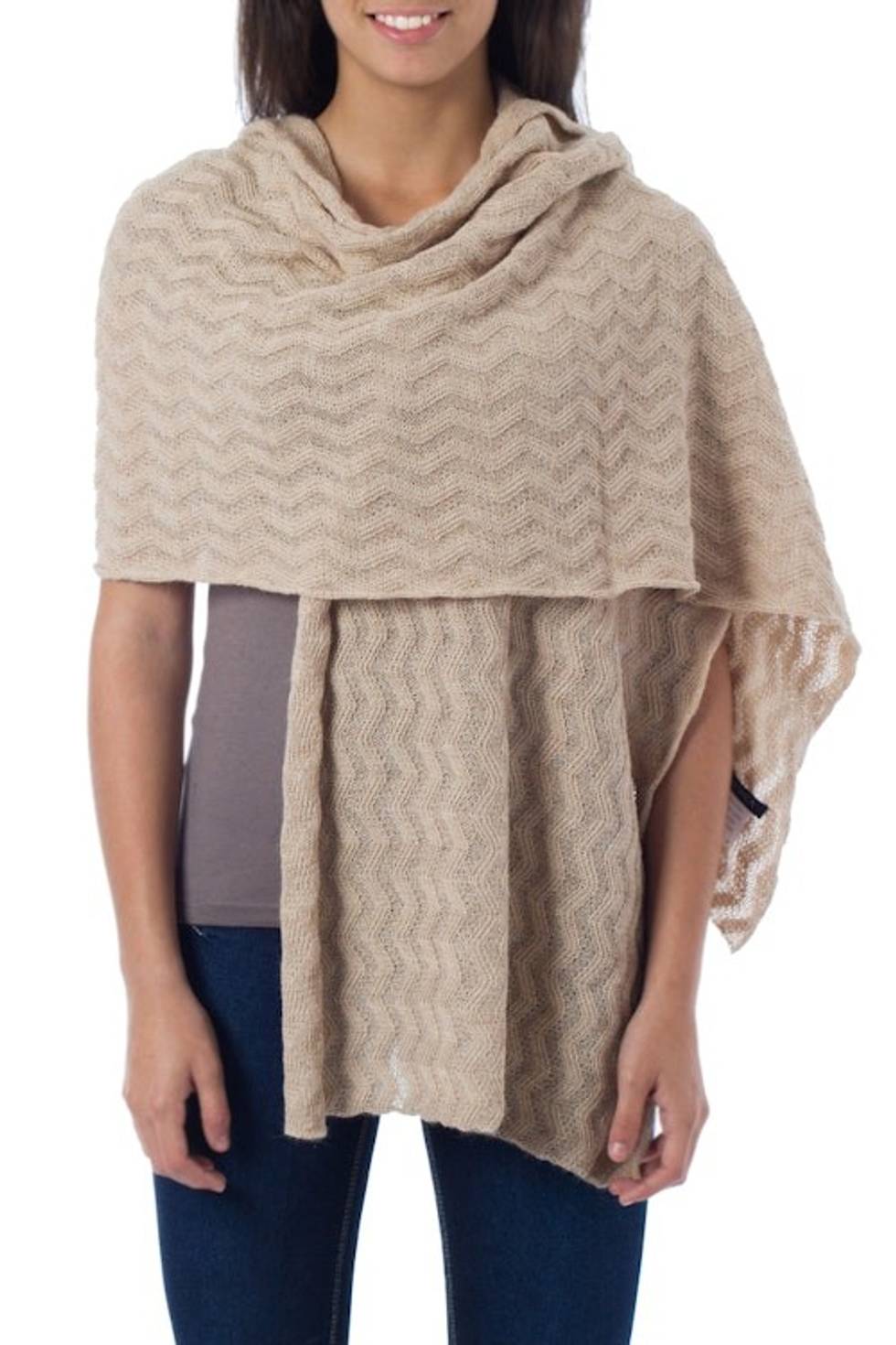 Women's Alpaca Wool Solid Shawl 'Nutmeg Zigzag'
