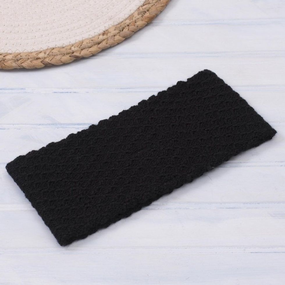 Wave Pattern 100 Baby Alpaca Headband in Black from Peru 'Passionate Waves in Black'