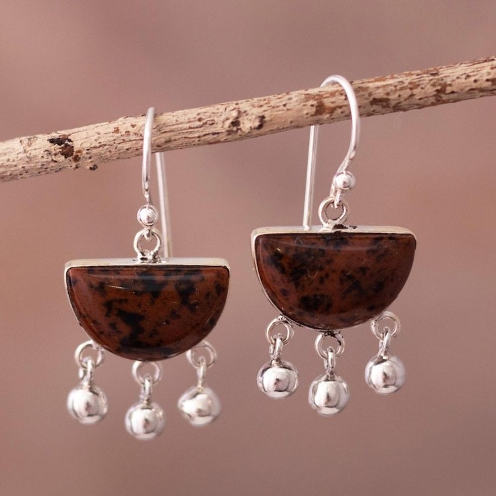 Sterling Silver Brown Obsidian Chandelier Earrings from Peru 'Universe in Brown'