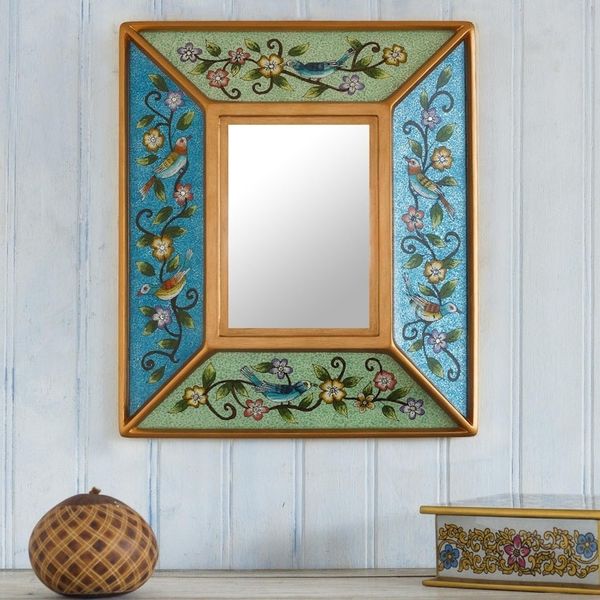 Alternate image for Floral Reverse-Painted Glass Wall Mirror Birdsong in Blue and Green