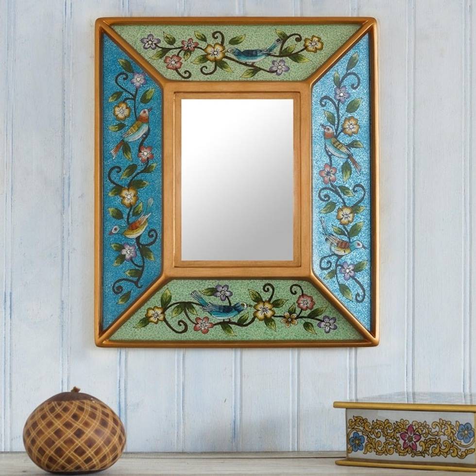Floral Reverse-Painted Glass Wall Mirror 'Birdsong in Blue and Green'