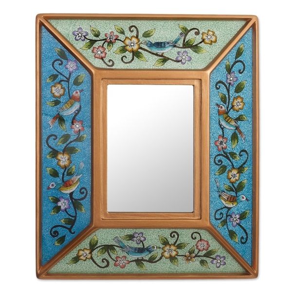 Alternate image for Floral Reverse-Painted Glass Wall Mirror Birdsong in Blue and Green