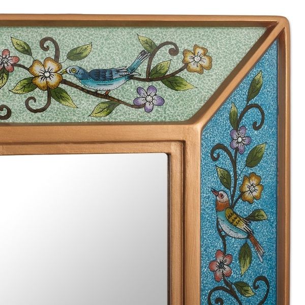 Alternate image for Floral Reverse-Painted Glass Wall Mirror Birdsong in Blue and Green