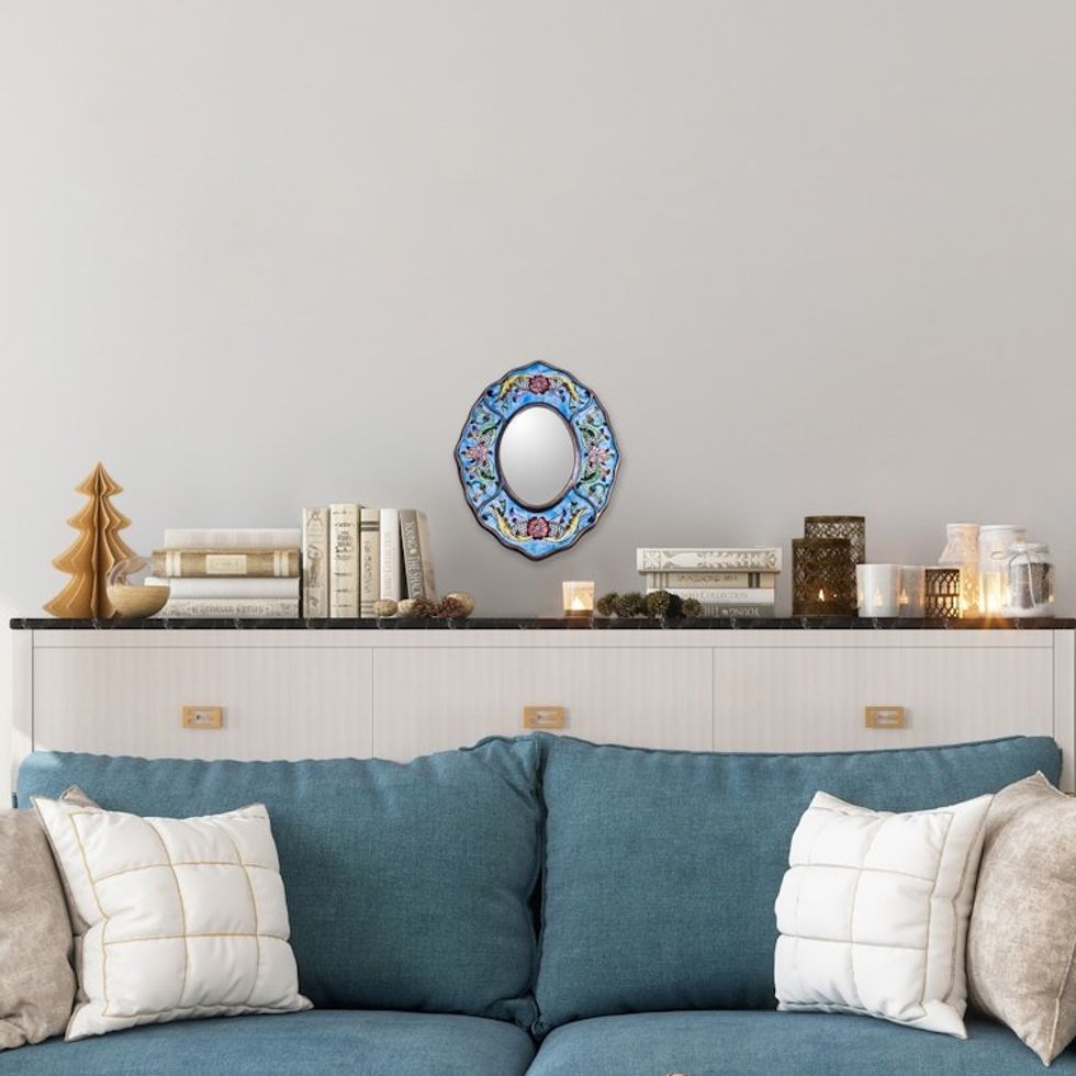 Fair Trade Reverse Painted Glass Wall Mirror in Aged Blue 'Blue Colonial Wreath'