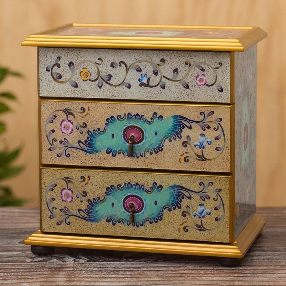 Hand Crafted Reverse-Painted Glass Jewelry Chest 'Subtle Splendor'