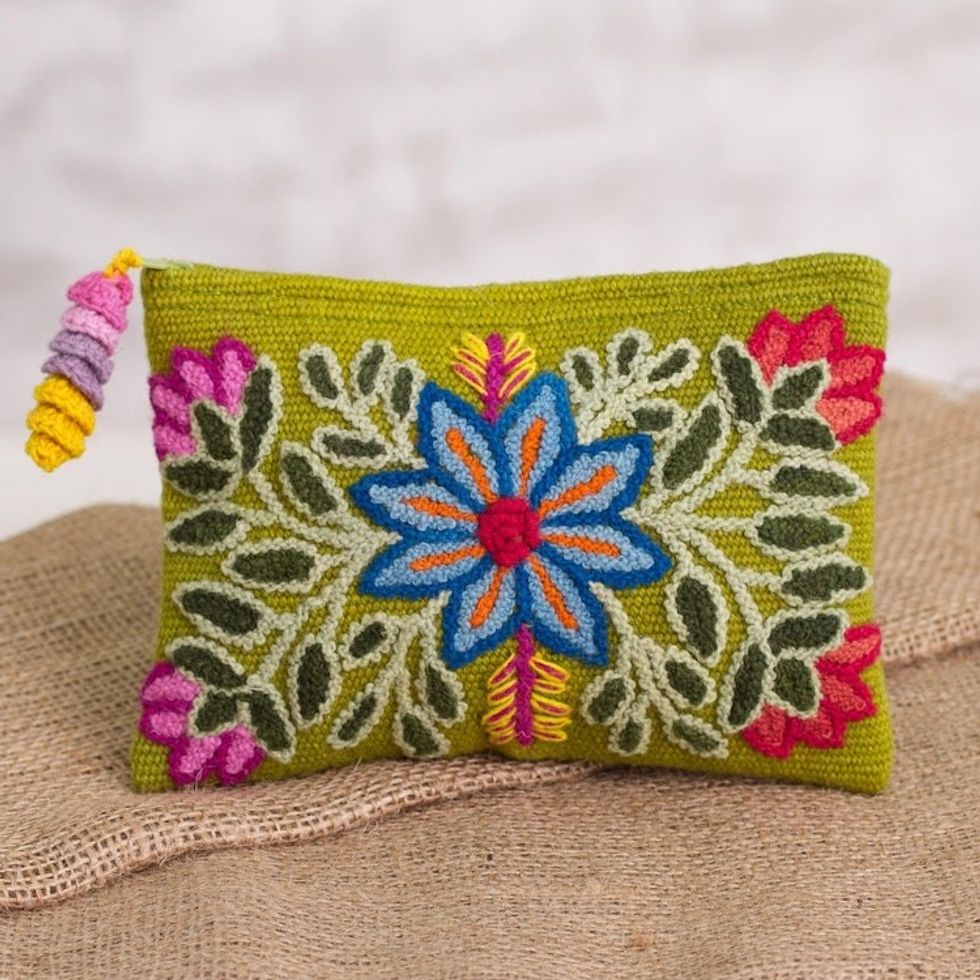 Embroidered Floral Alpaca Clutch in Warm Olive from Peru 'Floral Flourish'