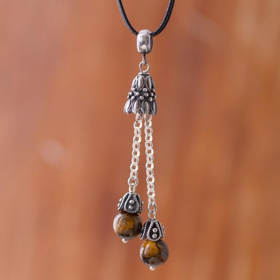 Tiger's Eye and Sterling Silver Pendant Necklace from Peru 'Berry Pendulums'