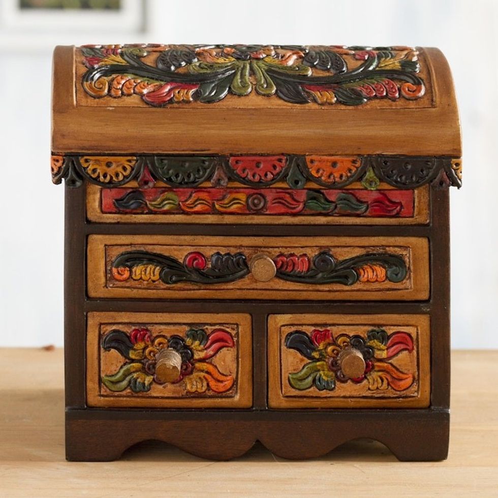 Multicolor Cedar Wood and Leather Jewelry Box from Peru 'Elegant Hummingbirds'