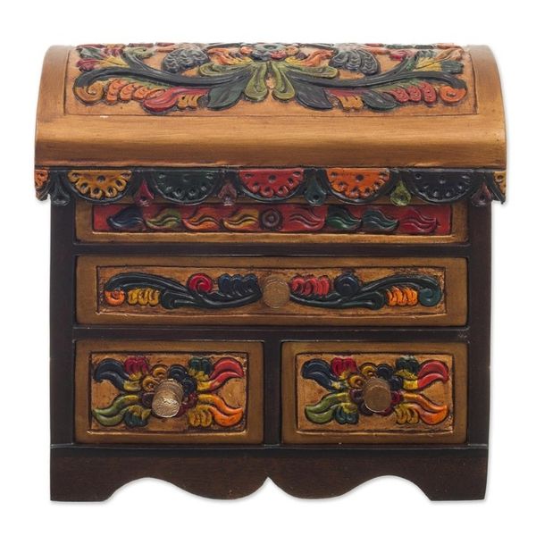 Alternate image for Multicolor Cedar Wood and Leather Jewelry Box from Peru Elegant Hummingbirds
