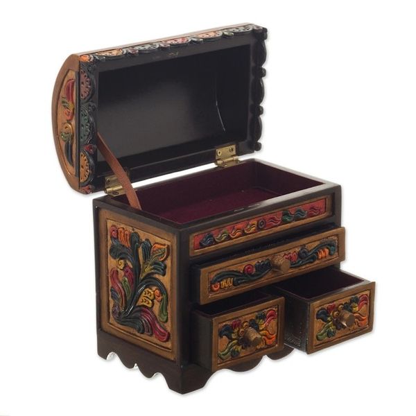 Alternate image for Multicolor Cedar Wood and Leather Jewelry Box from Peru Elegant Hummingbirds