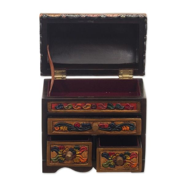 Alternate image for Multicolor Cedar Wood and Leather Jewelry Box from Peru Elegant Hummingbirds