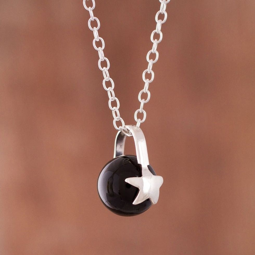 Star Motif Obsidian Pendant Necklace from Peru 'Starry Cradle'