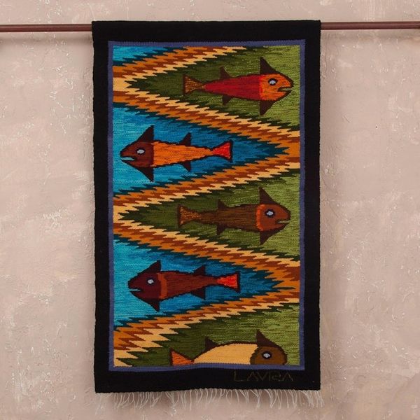 Image for Fish-Themed Wool Tapestry from Peru Andean Fish