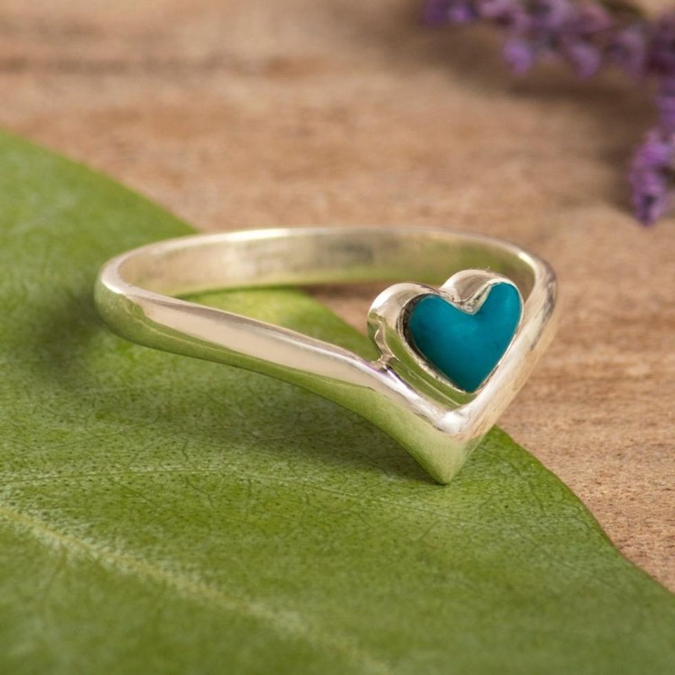 Chrysocolla and 950 Silver Cocktail Ring with Heart Shape 'Floating Love'