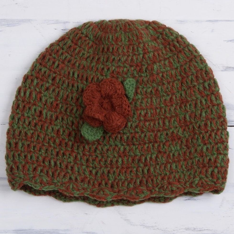 Alpaca Blend Hat in Avocado and Burnt Orange from Peru 'Floral Warmth'