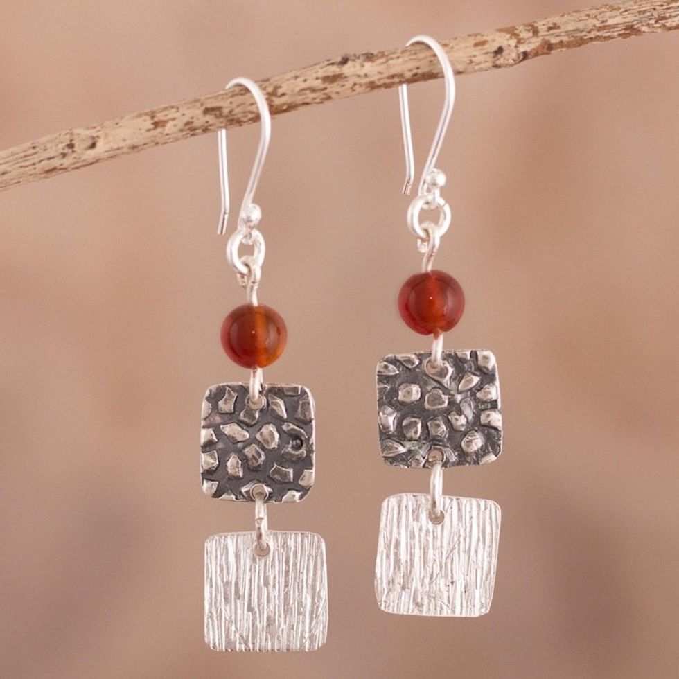 Textured Sterling and Carnelian Earrings 'Square Root'