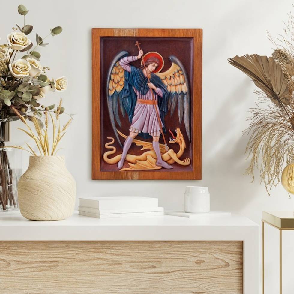 St Michael and Dragon Religious Wall Art Cedar Wood Panel 'Saint Michael Archangel'