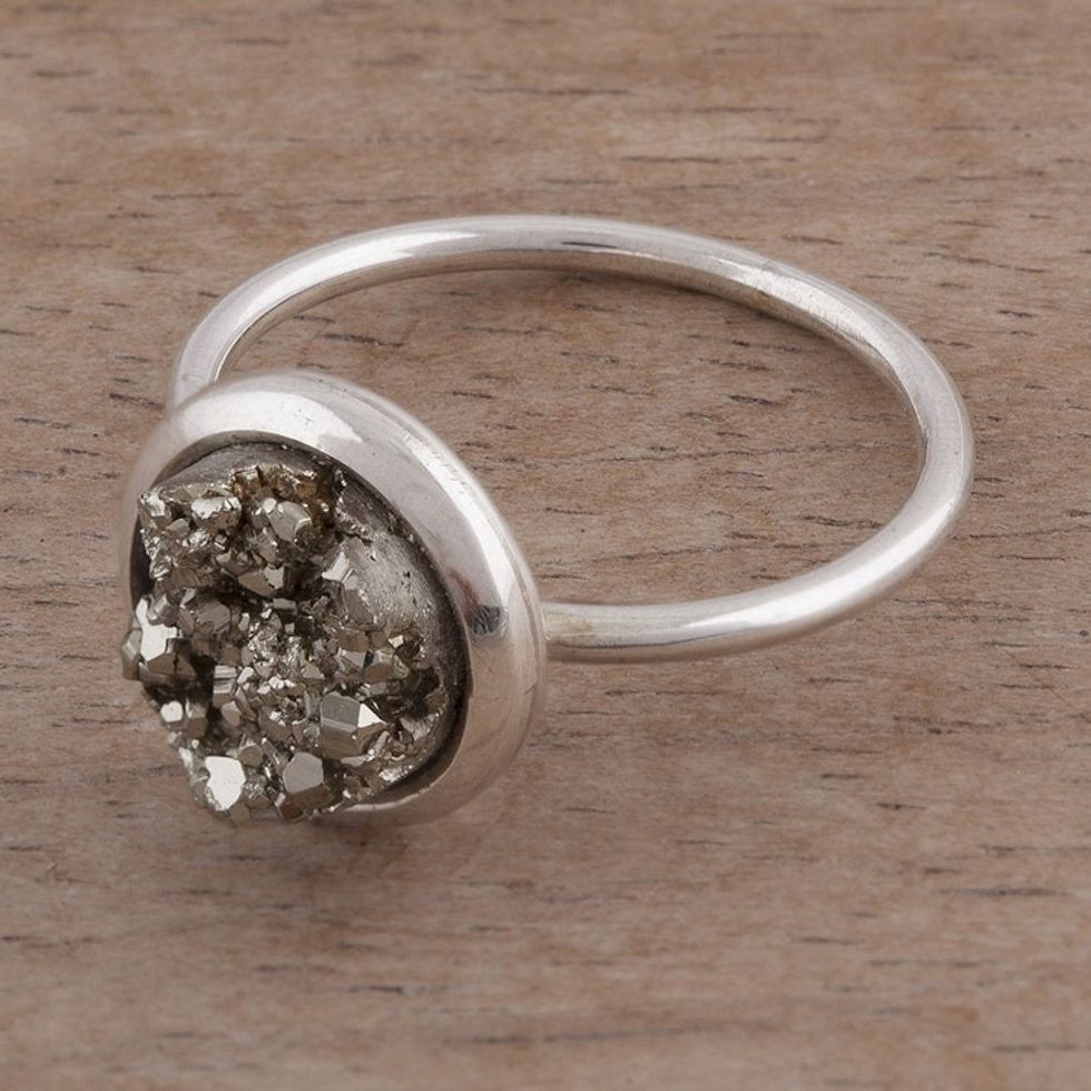 Natural Pyrite and Sterling Silver Cocktail Ring from Peru 'Rocky Mountains'