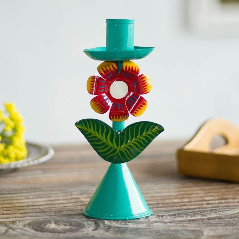 Floral Recycled Metal Candle Holder in Aqua from Peru 'Delightful Flower in Aqua'