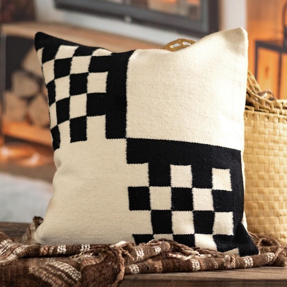 Handloomed Black and Ivory Cushion Cover 'Semaphore'
