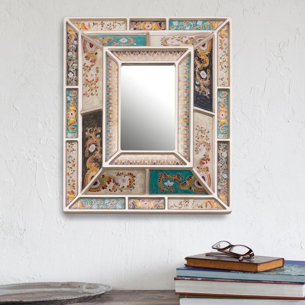 Silver-Tone Reverse-Painted Glass Wall Mirror from Peru 'Fantastic Floral'