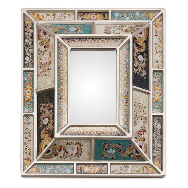 Alternate image for Silver-Tone Reverse-Painted Glass Wall Mirror from Peru Fantastic Floral