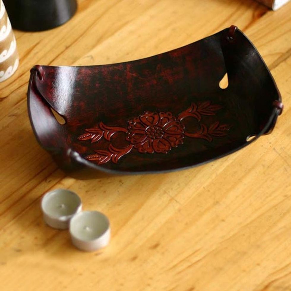 Rectangular Hand Crafted Leather Brown Floral Catchall 'Sunflower Garland'