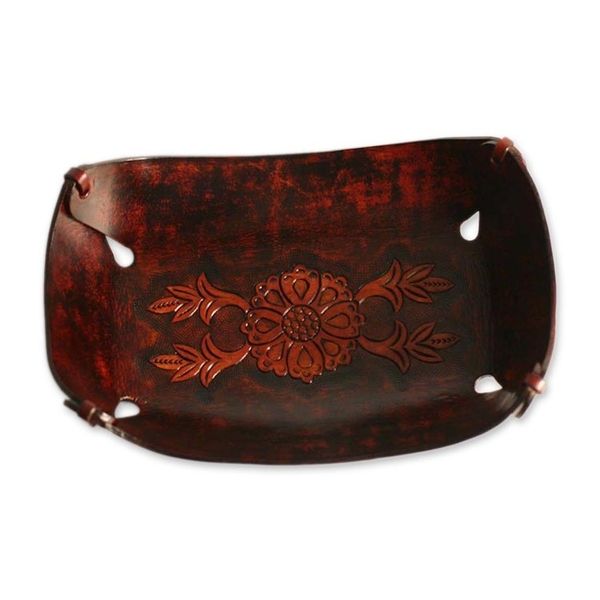 Alternate image for Rectangular Hand Crafted Leather Brown Floral Catchall Sunflower Garland