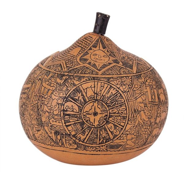 Alternate image for Hand Carved Andean Trilogy Sun and Moon Gourd Decorative Box Andean Trilogy