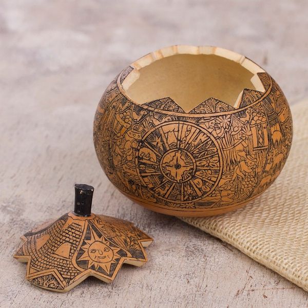 Alternate image for Hand Carved Andean Trilogy Sun and Moon Gourd Decorative Box Andean Trilogy