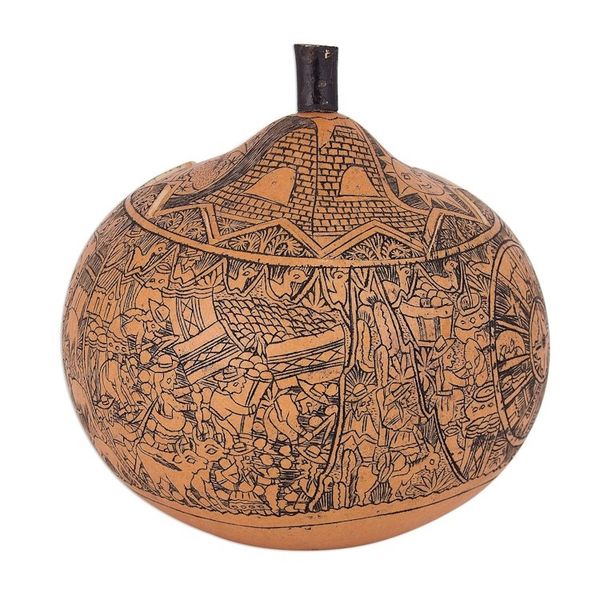 Alternate image for Hand Carved Andean Trilogy Sun and Moon Gourd Decorative Box Andean Trilogy