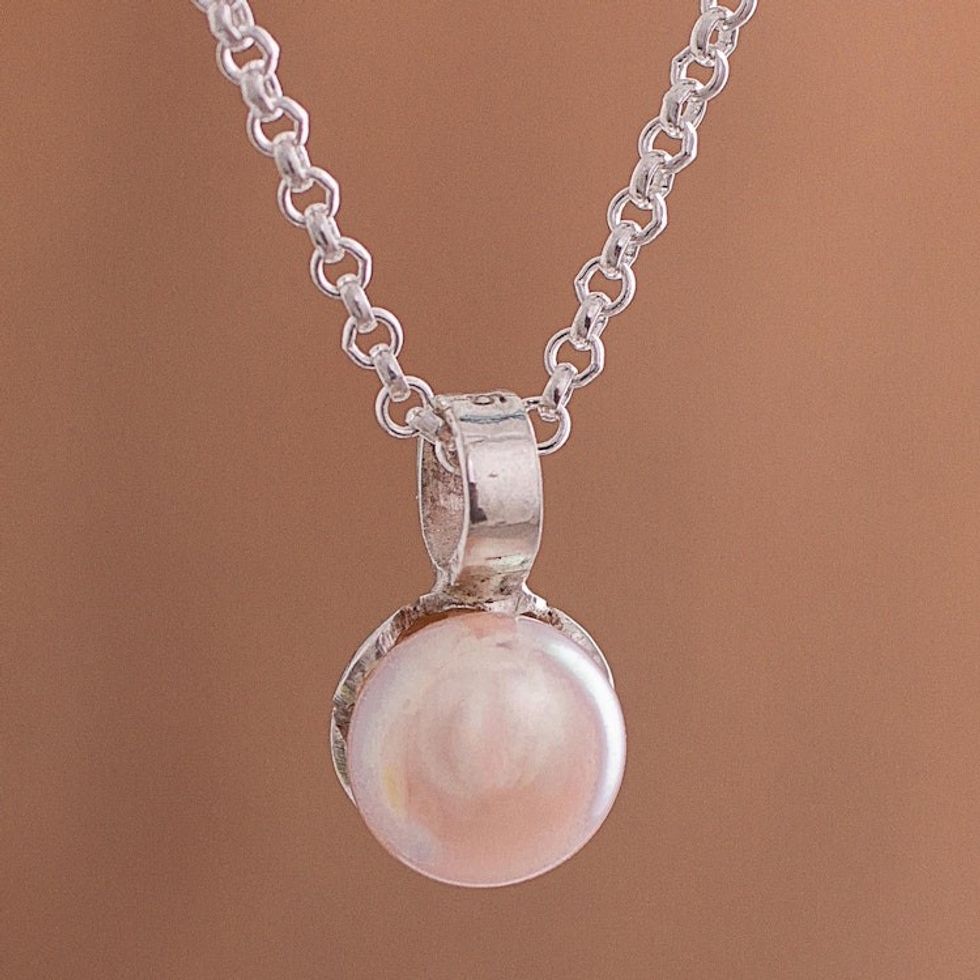 Peach Cultured Pearl and Sterling Silver Pendant Necklace 'Peach Bloom'