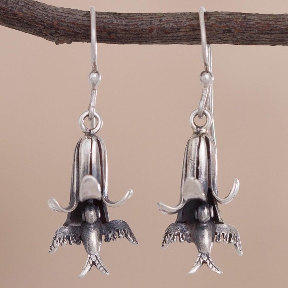 Floral and Bird-Themed Sterling Silver Earrings from Peru 'Hummingbirds of the Andes'