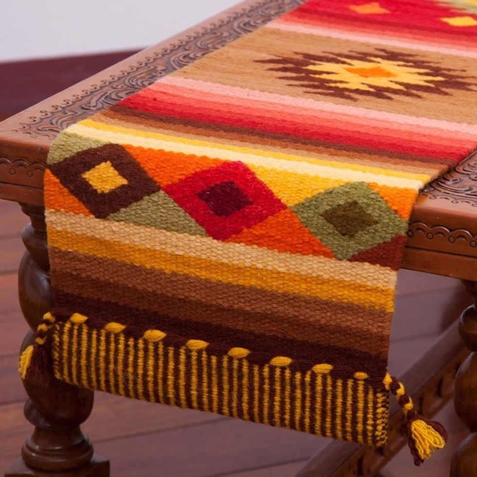 Artisan Crafted Wool Blend Geometric Table Runner from Peru 'Brilliant Sunset'